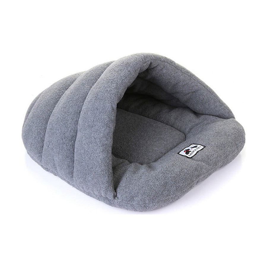 Cama cueva de felpa gris para gatos, cerrada por arriba
