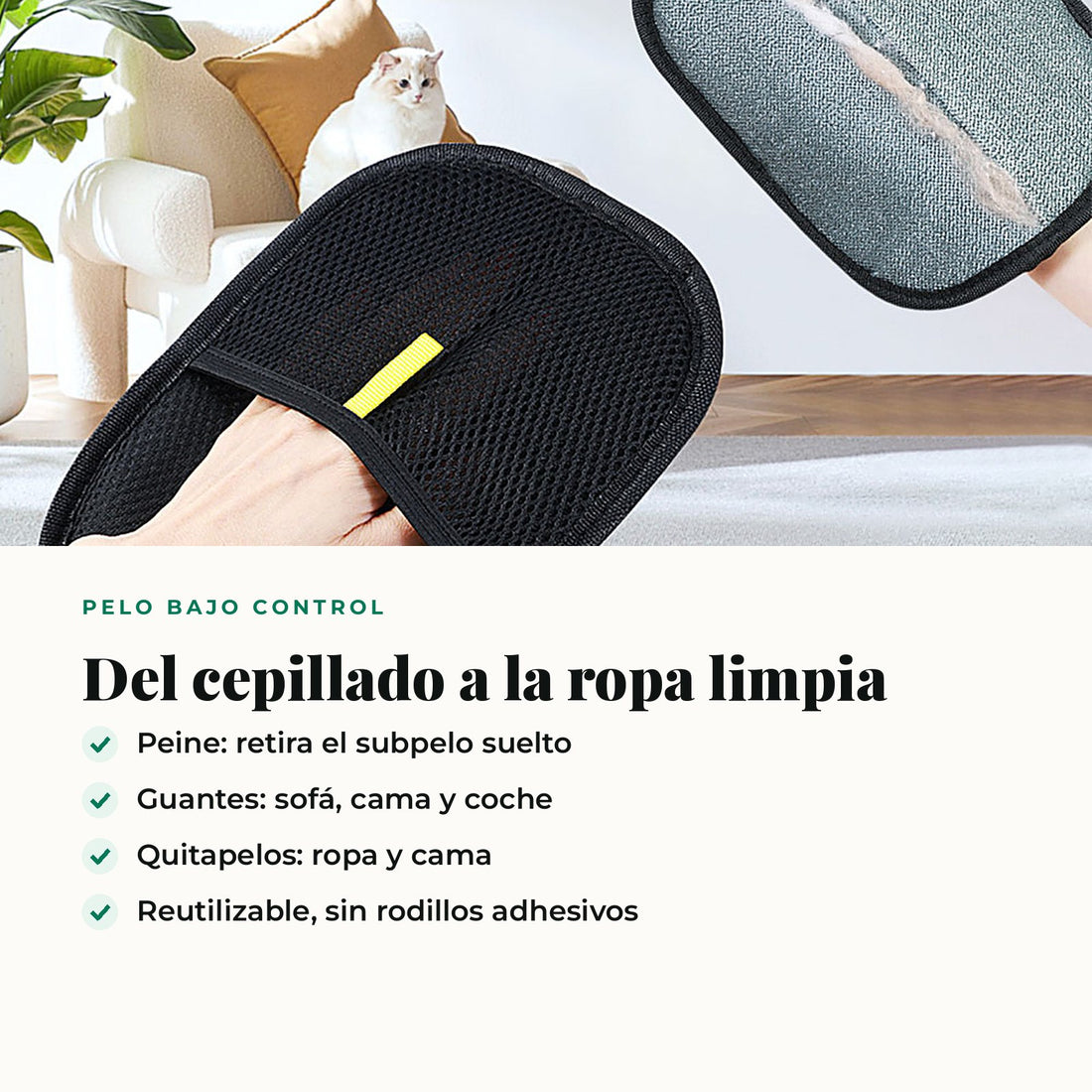 Kit Antipelo · Peine Deslanador + 2 Guantes + Quitapelos 2 en 1
