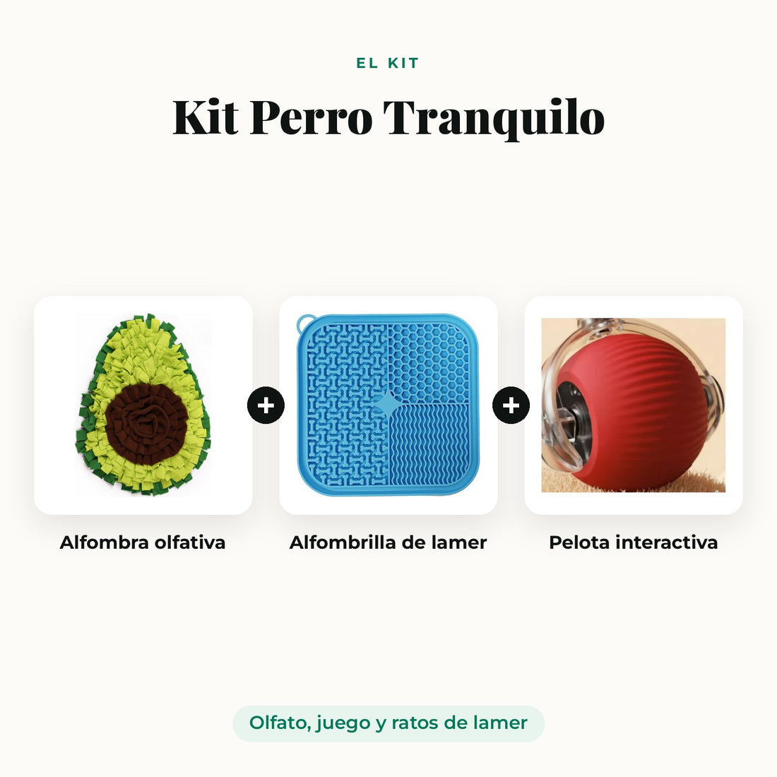 Kit Perro Tranquilo: alfombra olfativa, alfombrilla de lamer y pelota interactiva